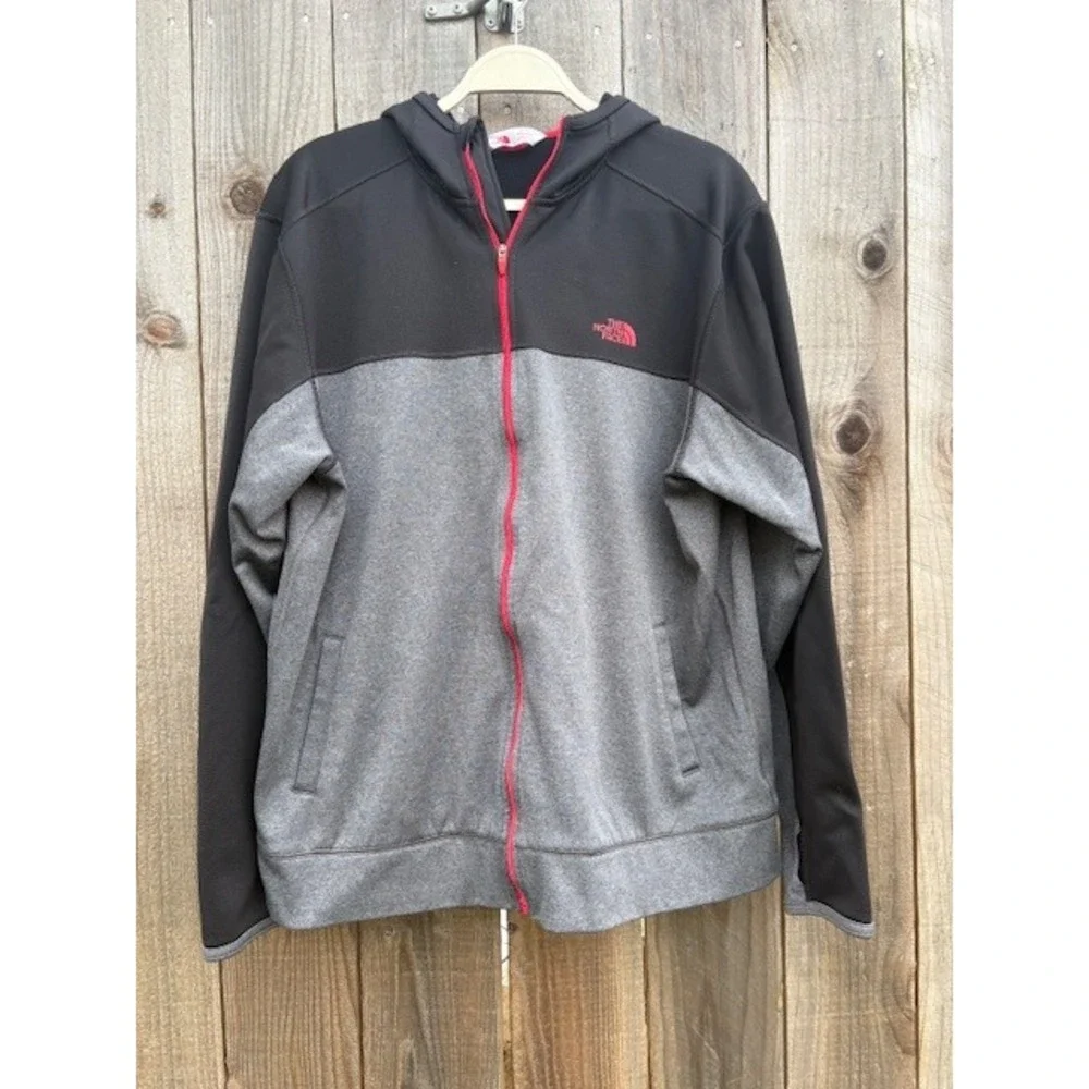 The North Face Mens Full Zip Hoodie Jacket Black Grey Red‎ Accent Size XL